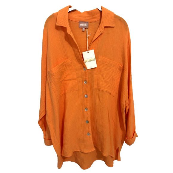 Show Me Your Mumu Johns Button Down Gauzy Cotton Shirt Bright Orange Oversized M - Picture 1 of 6